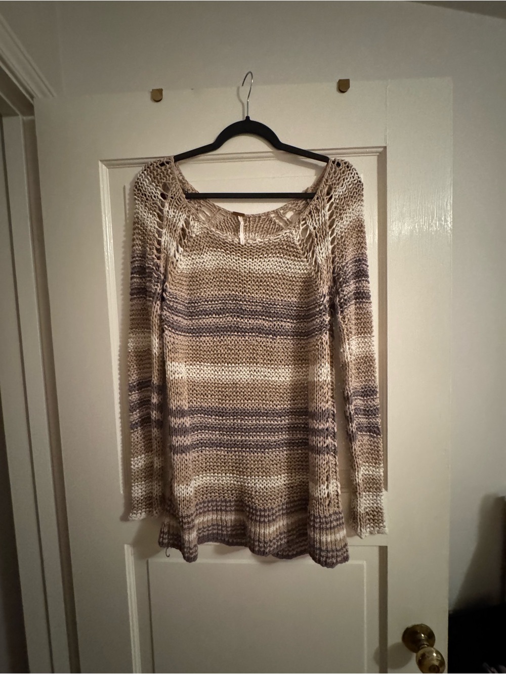 Free People Striped Open-Knit Long Sleeve Sweater - Cream & Brown